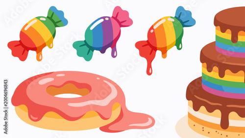 A playful image featuring a colorful hard candy and glazed donut. Perfect for illustrating indulgence, dessert menus, or promoting cheerful content. C