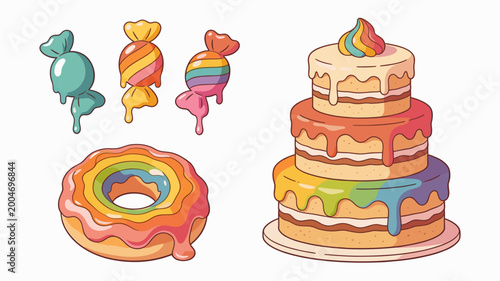 A colorful and playful illustration of a donut, ice cream, and dripping citrus. Perfect for conveying themes of indulgence, happiness, and deliciousne