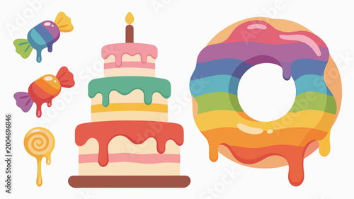 Foto A playful and colorful illustration featuring candies and a cake, evoking feelings of joy and celebration