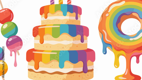 A vibrant and playful illustration featuring lollipops and layered cakes. Perfect for confectionery branding, dessert menus, or cheerful website desig