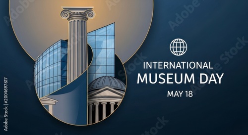 international museum day poster with modern skyscraper and classical column design may 18