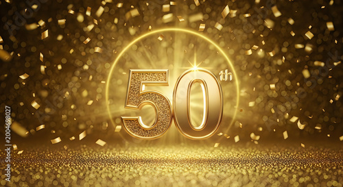 Golden 50th anniversary celebration background with glittering confetti