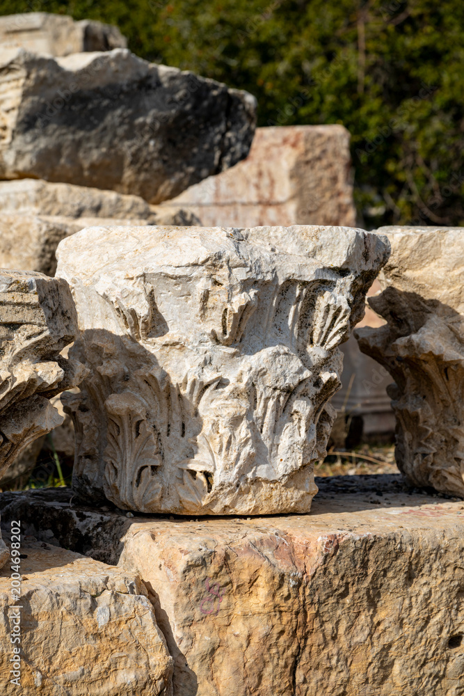 Naklejka premium Cibyra or Kibyra, also referred to as Cibyra Magna, was an Ancient Greek city near the modern town of Gölhisar, in Burdur Province. Ruined antique theater panoramic view at archaeological site of anci