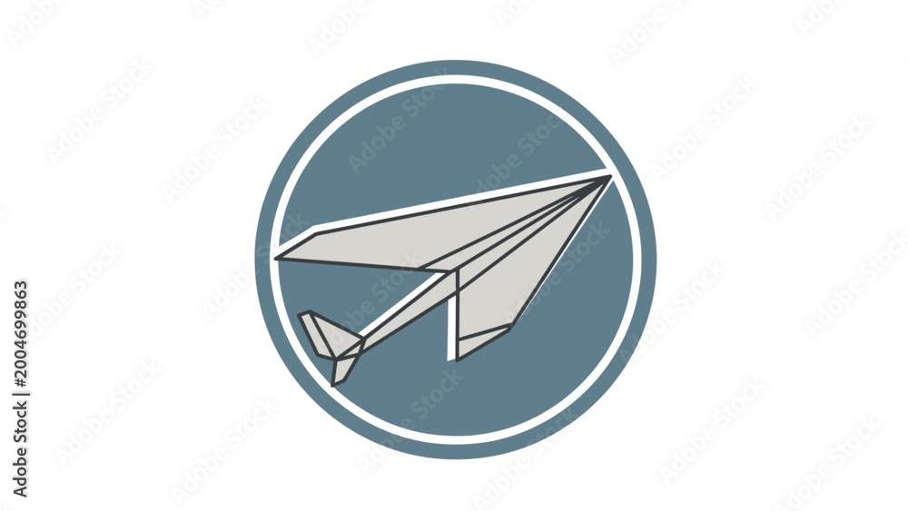 © M LAZIM - A stylized, gray paper airplane in flight, enclosed within a teal circular frame
