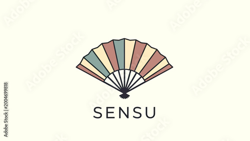 A stylized folding fan with pastel colored panels and a word beneath