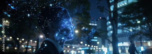 Digital Aura: A person's silhouette dissolves into a constellation of glowing blue particles against a nighttime cityscape, embodying the fusion of technology and the human form.