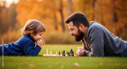 Heartwarming father's day moment father and son playing chess outdoors