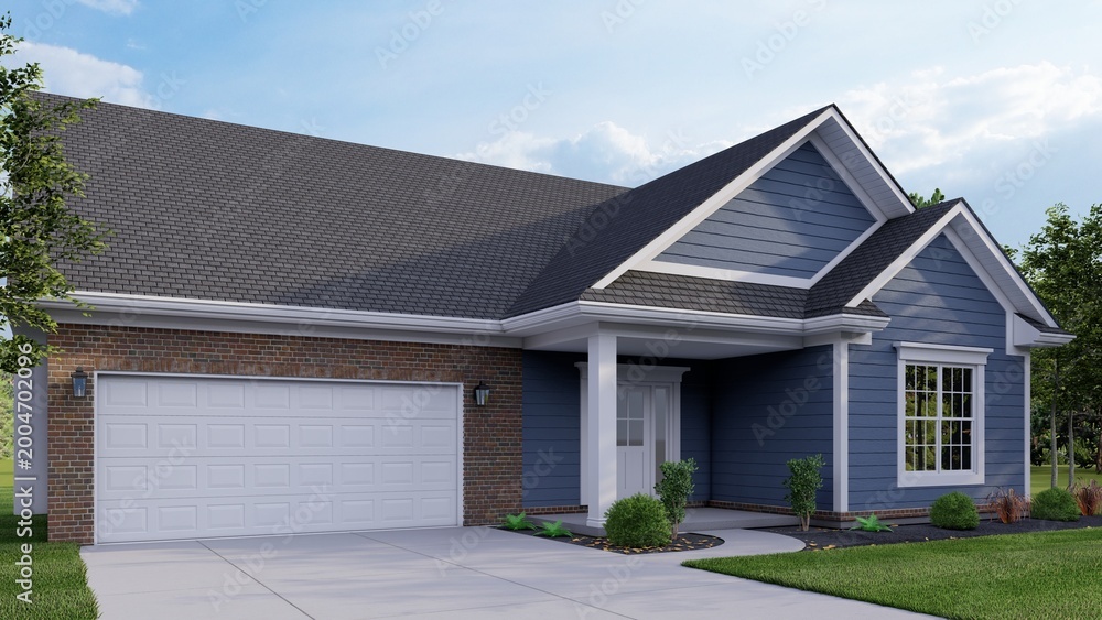 Αυτοκόλλητο Modern Suburban Family Home with Blue Siding and Brick Facade 3D Render Architec