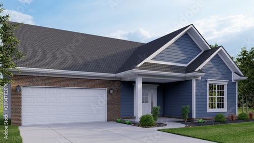 Canvas Print Modern Suburban Family Home with Blue Siding and Brick Facade 3D Render Architec