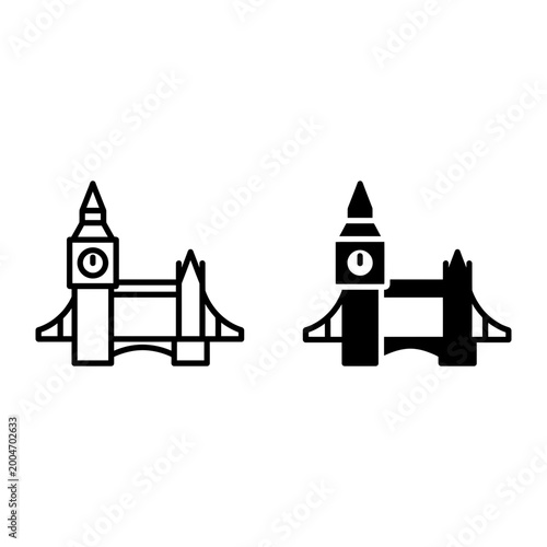 2 London icons Big Ben and Tower Bridge, outline solid styles, UI and web interface design