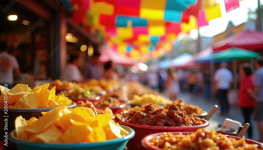 Fototapeta premium Hispanic street food market with colorful banners. People shop at outdoor stalls selling mexican cuisine. Trucks offer tasty food like nachos.