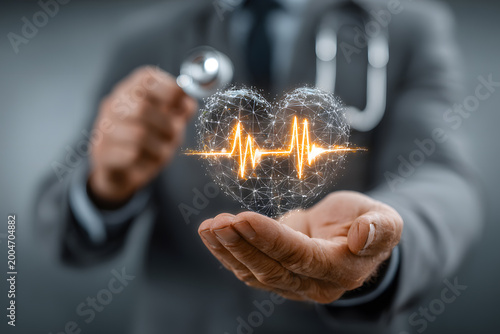 Doctor holding a glowing virus hologram with pulse line, symbolizing medical research, pandemic prevention, digital healthcare, diagnostics, and innovation.