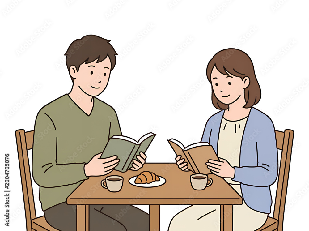 Fototapeta premium テーブルを挟んで向かい合いコーヒーを飲みながら読書を楽しむ日本人男女