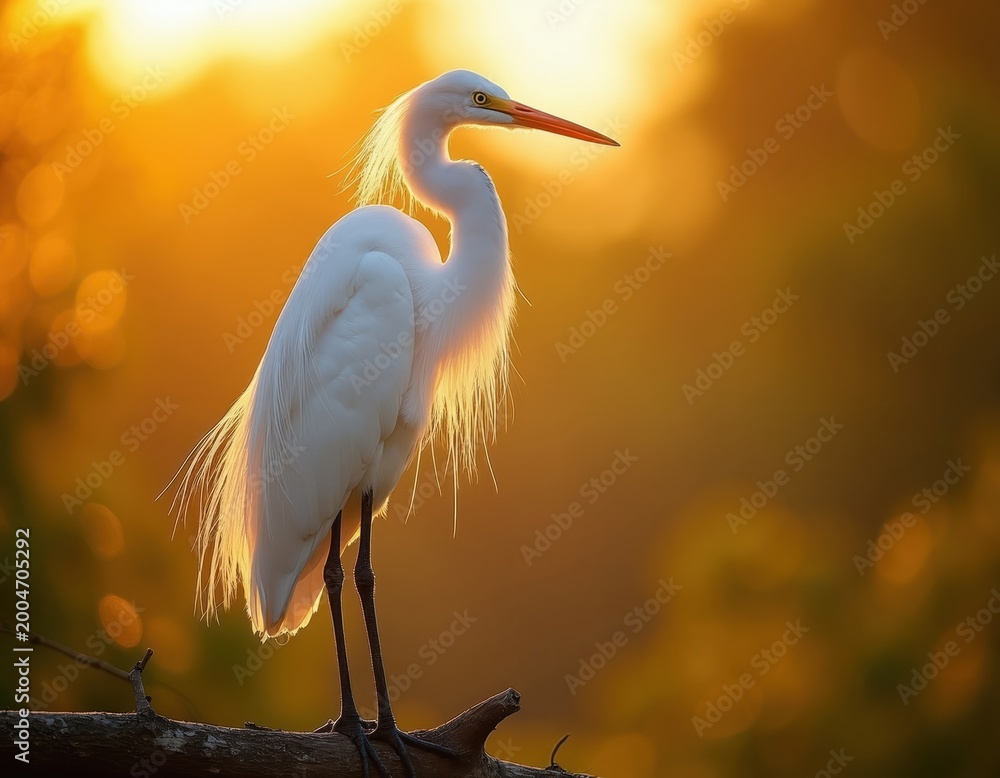 Naklejka premium White egret bird rests on tree branch. Golden sunset light illuminates feathers. Peaceful nature scene at wetland. Majestic avian wildlife poised.