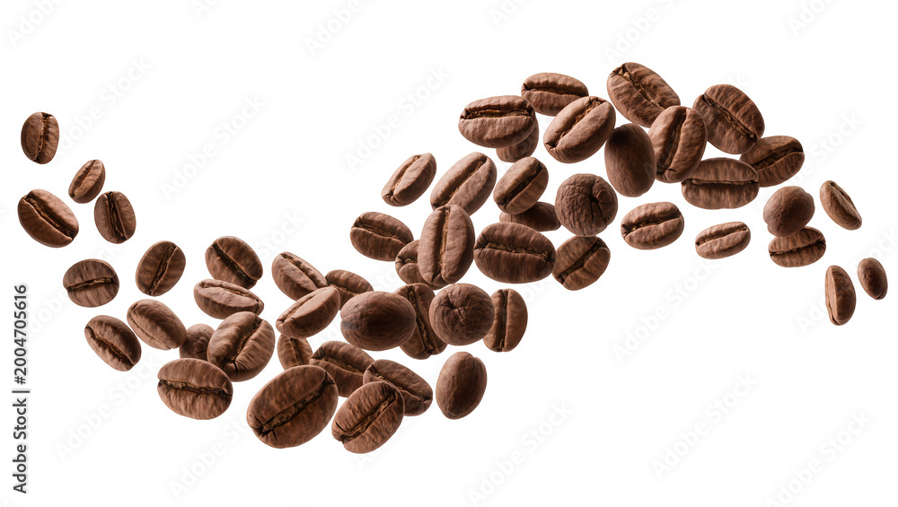 Naklejka premium Roasted coffee beans swirling in a dynamic wave, isolated on transparent background