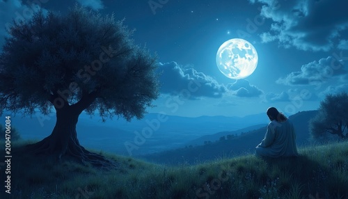 Person sits on grass looking at large moon. Night landscape with tree and rolling hills. Serene peaceful outdoor scene, calm quiet atmosphere. Starry sky, cloudy night.