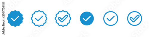 Check mark verified badge line icon set blue circle for social media account and quality guarantee