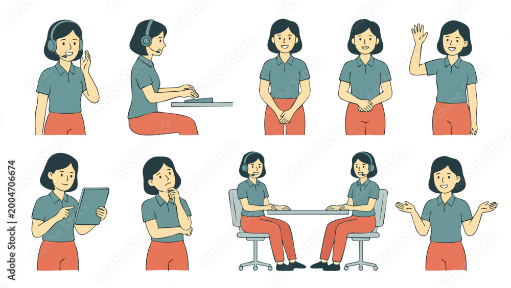 Fototapeta premium Customer Service Representative Character Set, Woman Working with Headset and Tablet, Professional Office Poses for Business Communication and Support Services Concepts, Flat Vector Illustration Style