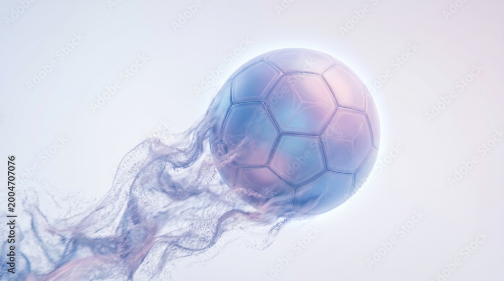 Naklejka premium Futuristic digital football with iridescent glow and particle splash for technology sports concept