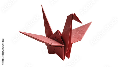 Red origami paper crane bird, isolated on transparent background