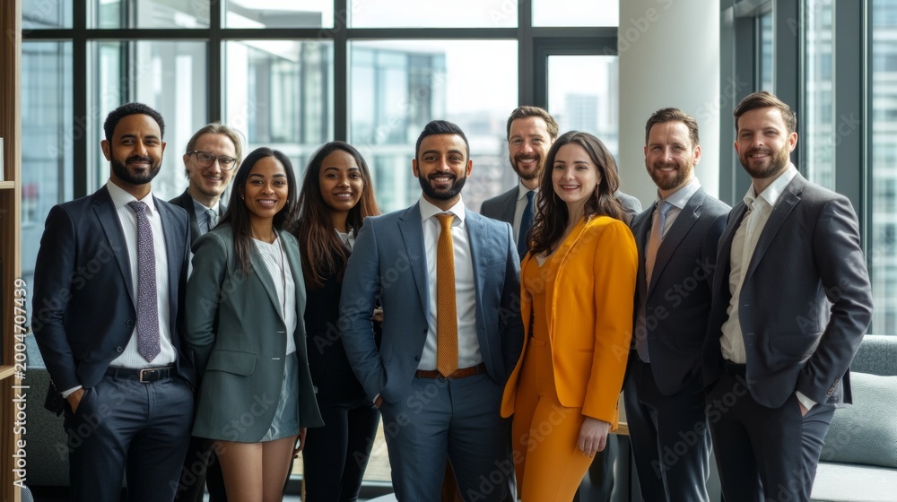 Fototapeta premium A diverse group of professionals poses together in a modern office setting. They wear stylish business attire and smile confidently. This image captures teamwork 