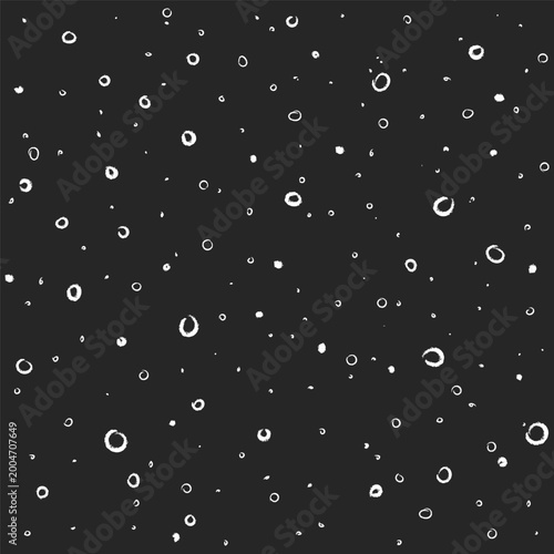 Seamless doodle pattern with scattered white ink dots on dark background, abstract grunge texture. Hand drawn circle spots, minimal style. Modern repeat backdrop for textile, wallpaper, packaging