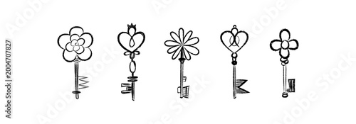 Vector set of ornate keys, hearts, flowers. Hand drawn line art, vintage sketch style, monochrome palette. Decorative elements for borders, patterns, packaging, branding, creative design use