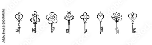 Vector set of stylized keys with heart and floral shapes. Hand drawn sketch style, rough ink texture, monochrome Isolated decorative elements for textile, wallpaper, packaging, branding project