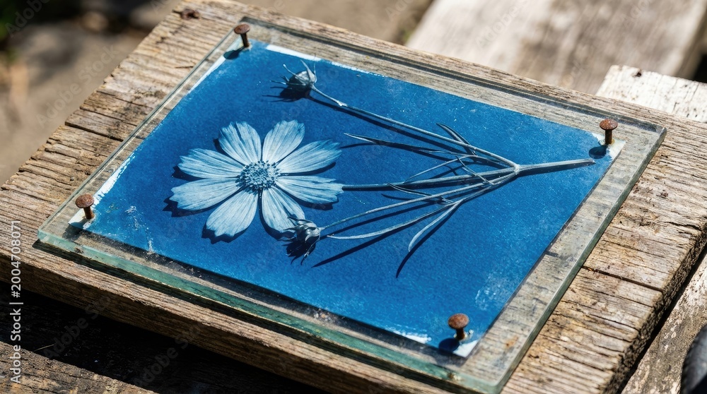 Fototapeta premium Cyanotype sun print of cosmos flower under glass on rustic wooden surface during artistic process.