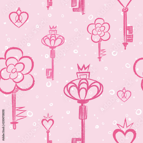 Seamless vector pattern with ornate keys, hearts, flowers. Hand drawn sketch style, pink monochrome palette, soft grunge texture. Romantic decorative background for textile, wallpaper, packaging