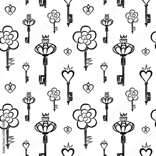 Seamless vector pattern with ornate keys, floral shapes, heart symbols. Hand drawn sketch style, monochrome ink lines, vintage aesthetic. Decorative repeat for textile, wallpaper, fantasy packaging