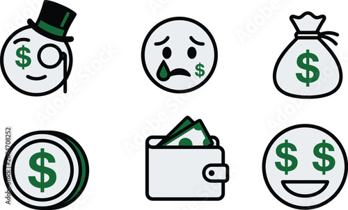 Quadro su tela Financial, emoji, icon, set, featuring, money, bag, wallet, dollar, coin, rich,