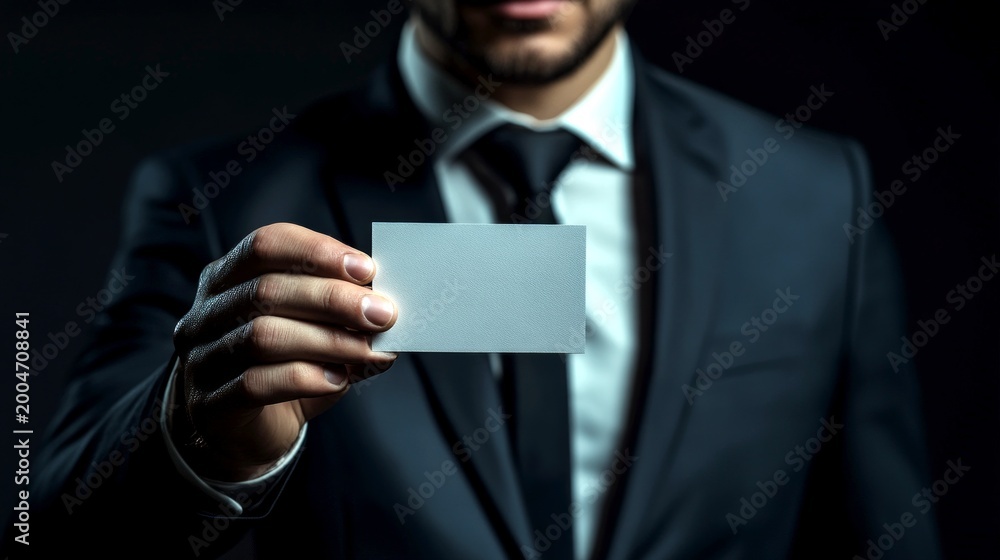 Naklejka premium A professional man in a sleek black suit holding a blank business card in a dimly lit environment. This image captures confidence and sophistication. Ideal for business themes. AI