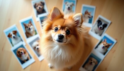 Fluffy dog sits among photos of different breeds. This joyful pet scene with many dog portraits creates warmth and happy pet memories. It shows diverse doggy faces.