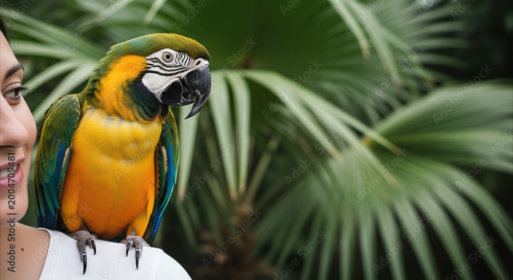Fototapeta premium Woman smiles with colorful parrot on shoulder against tropical palm leaves, evoking joy and companionship