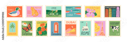 Fotografie Set of vintage world travel post card stamp illustration