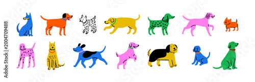 Fotografie Funny dog animal icon cartoon set in quirky colorful flat illustration style