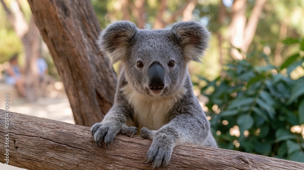 Fototapeta premium Koala bear sits calmly on a wooden perch watching zoo visitors from a high vantage point.