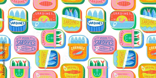 Funny hand drawn canned fish cartoon seamless pattern. Colorful tinned sardines sea food background illustration. Sardine can drawing surface print.
