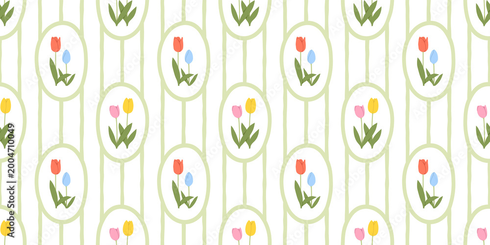 Fototapeta premium Vintage tulip flower bouquet art seamless pattern illustration. Retro nature floral background in hand drawn style. Spring season garden decoration texture, natural textile drawing print.