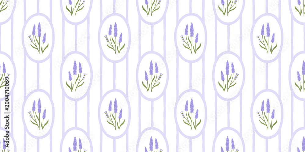 Fototapeta premium Vintage lavender flower bouquet art seamless pattern illustration. Retro nature floral background in hand drawn style. Spring season garden decoration texture, natural textile drawing print.