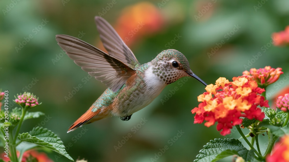 Fototapeta premium Small colorful hummingbird hovering near a vibrant pink flower to gather nectar, set against a backdrop of a lush green lawn on a bright summer day.