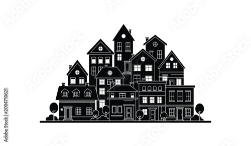 Φωτογραφία Detailed black silhouette of a european city skyline with various buildings and