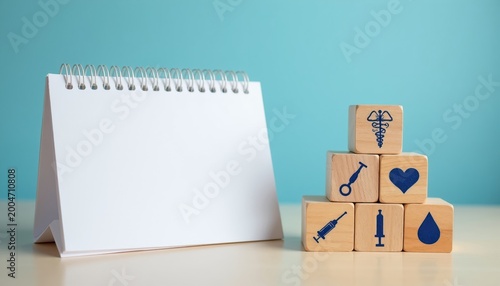 Blank desk calendar next to wooden blocks with health icons like heart, syringe, and caduceus symbol. Represents medical planning, appointments, and health care organization.