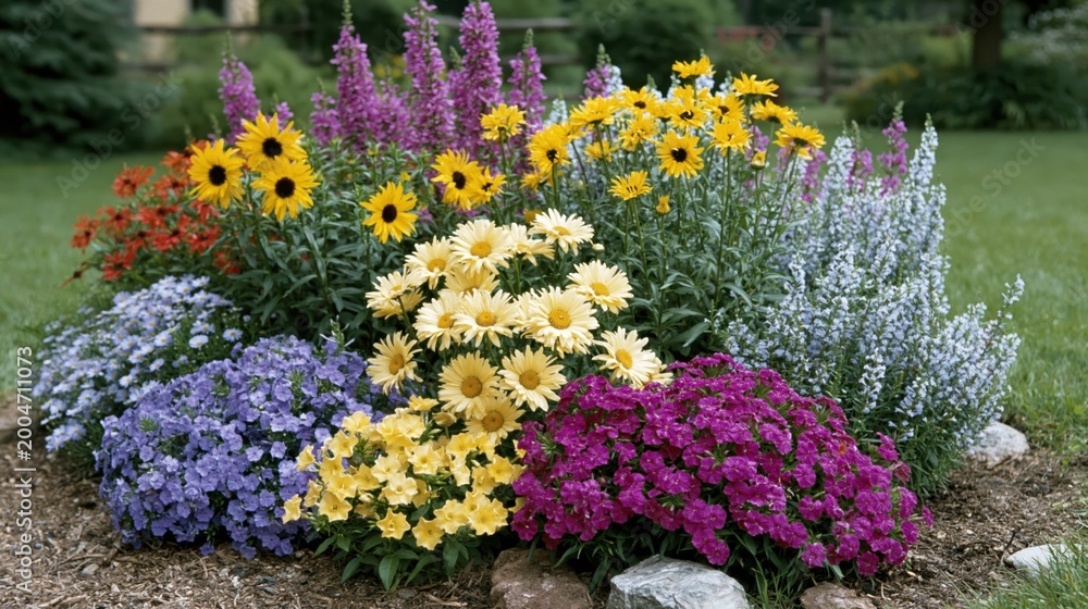 Naklejka premium Close-up of a dense floral cluster with vivid perennial blossoms in contrasting hues, ideal for high-quality botanical backgrounds.