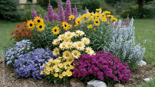 Close-up of a dense floral cluster with vivid perennial blossoms in contrasting hues, ideal for high-quality botanical backgrounds.