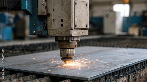 Precision laser beam processing a steel plate in a modern factory setting with glowing sparks and professional lighting effects.