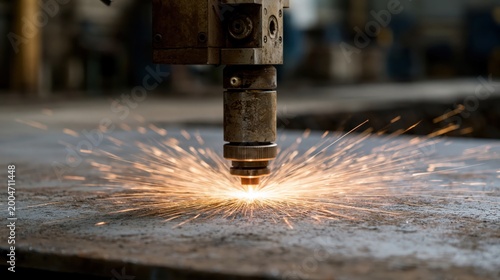 Industrial laser cutting through sheet metal with intense bright sparks and light, suitable for technical manufacturing backgrounds.
