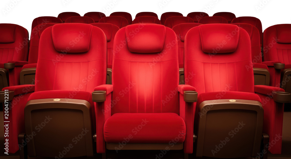Fototapeta premium A row of red movie theater seats isolated on transparent background with brown armrests and cup holders