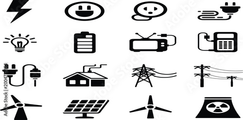 Set of black and white icons representing electricity and energy sources Keywords: electricity, power, energy, lightning bolt
